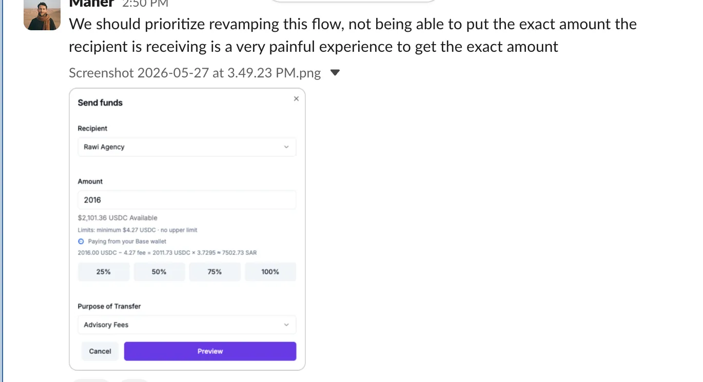 User feedback about send amounts shared in Slack