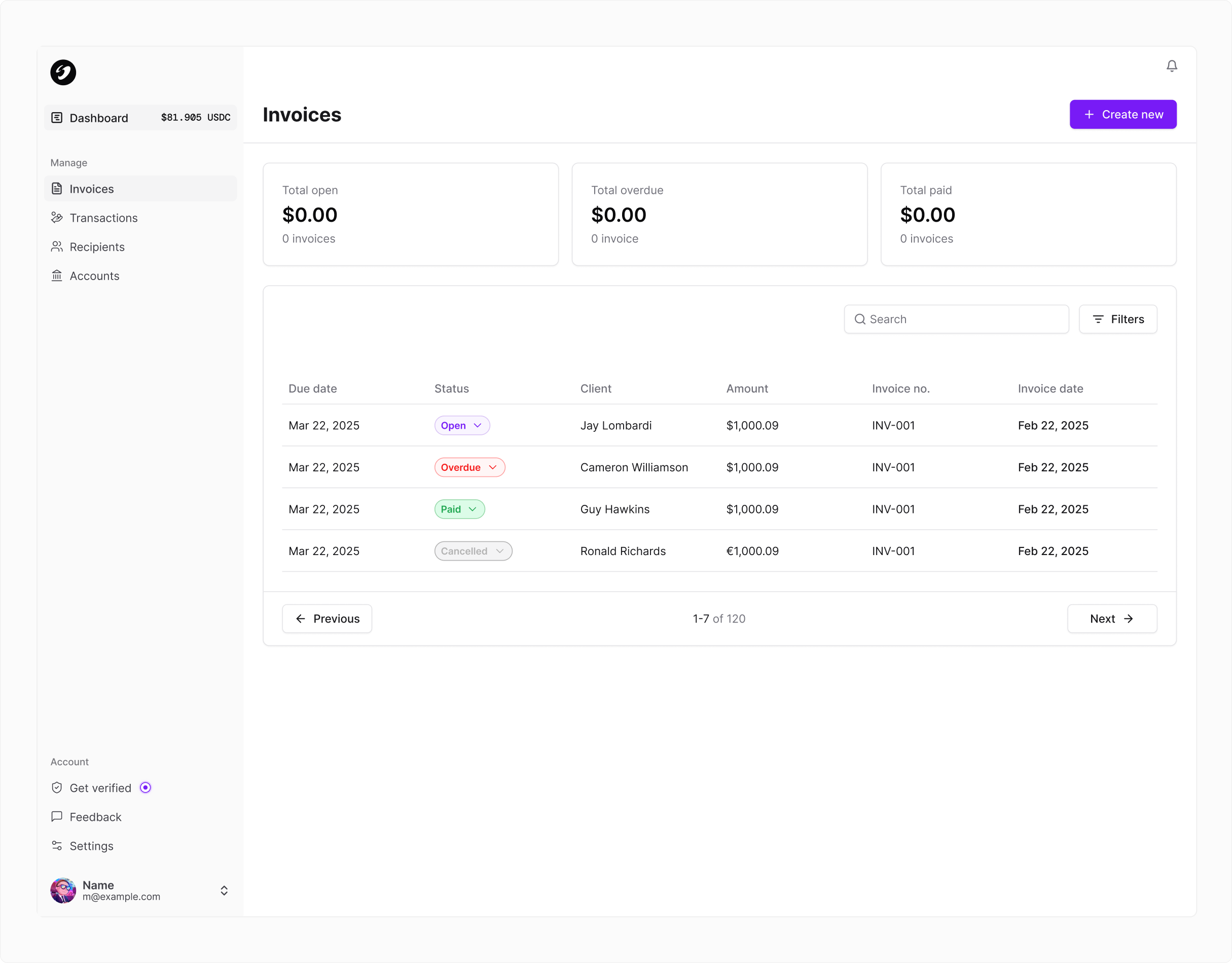 Old invoice UI showing limited functionality