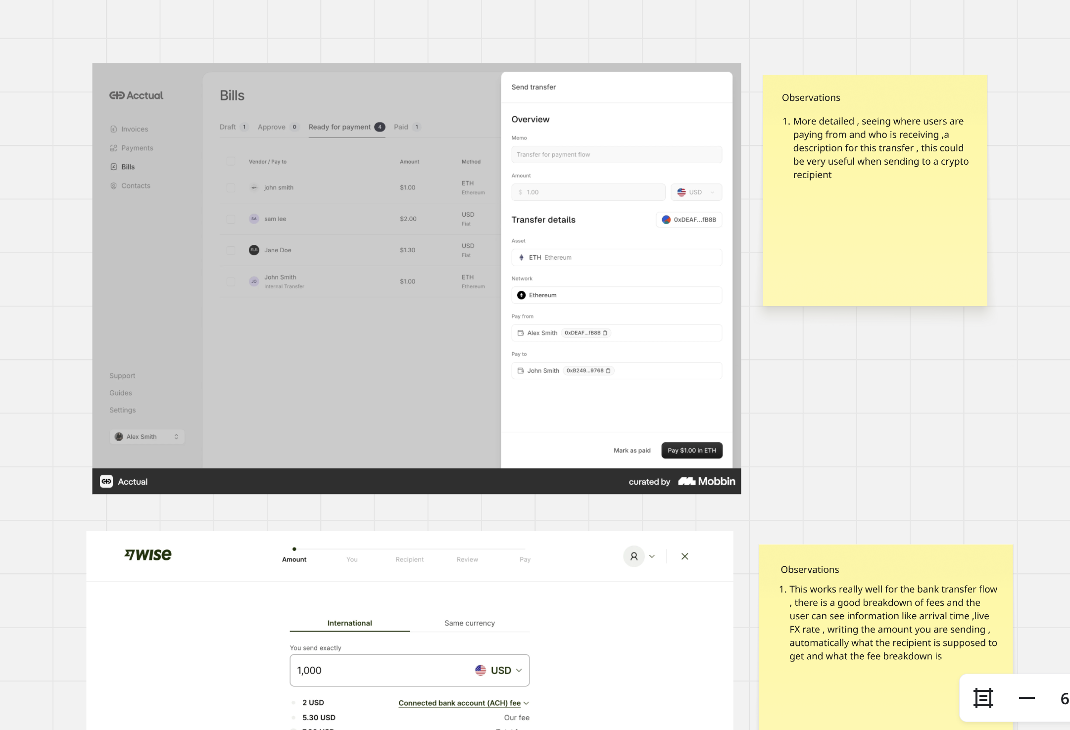 Competitor analysis, Acctual and Wise send flows